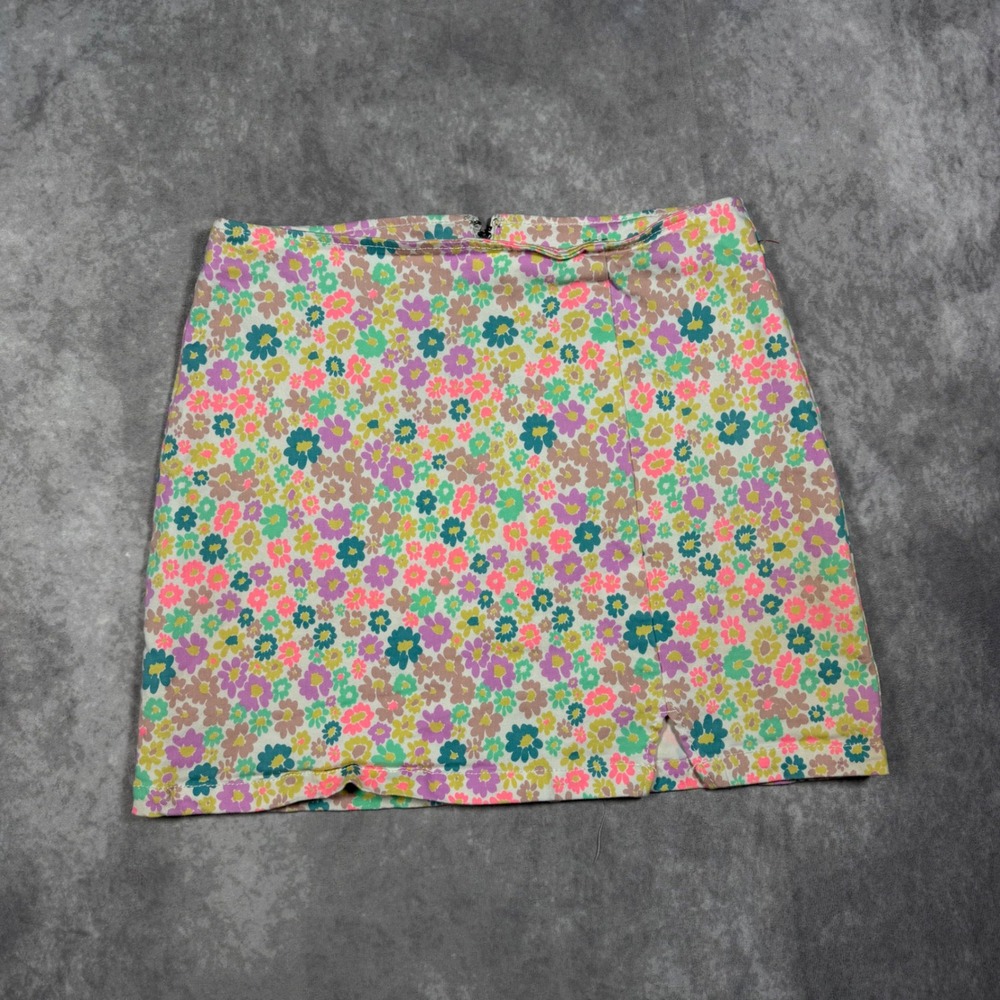 Wild Fable Floral Mini Skirt Size 10 Pink Green Purple Front Slit Y2K Coquette